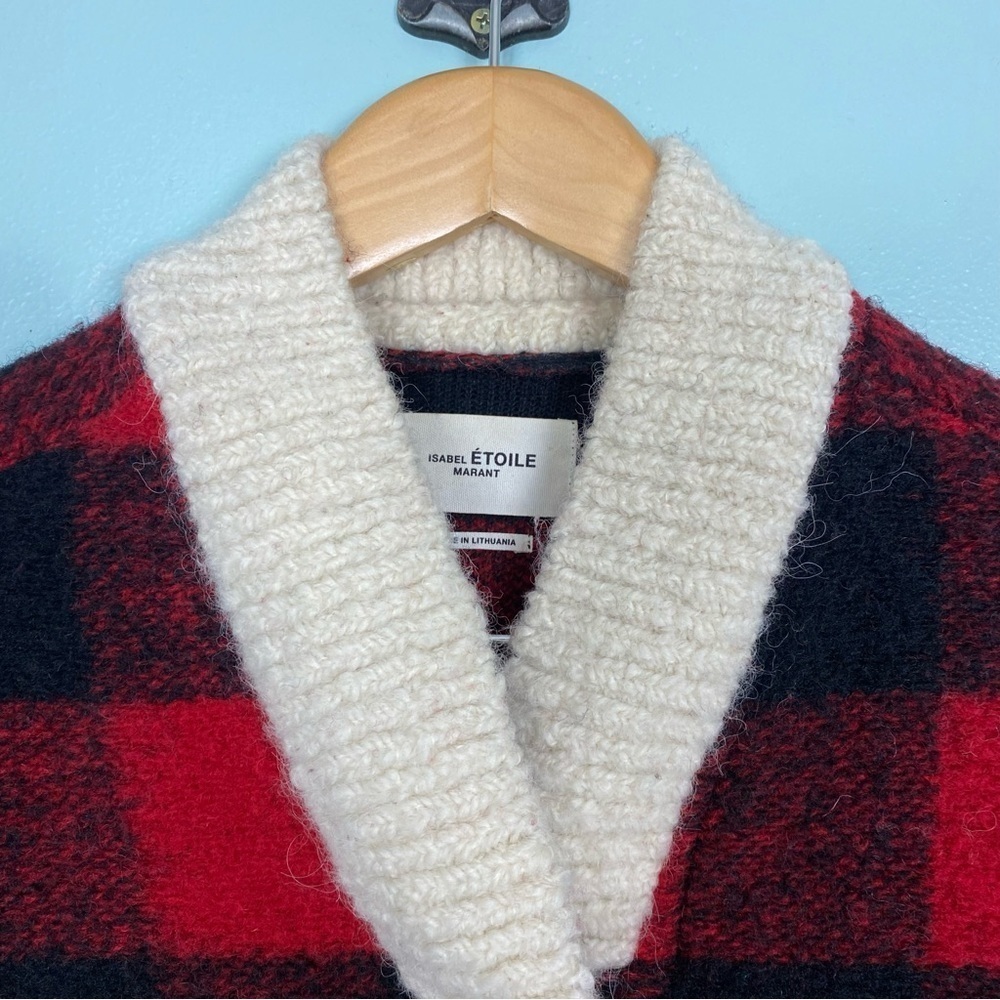 Isabel Marant Buffalo Plaid Red Black Checkered Wool Long Coat Collar Sz 42 - Picture 3 of 15